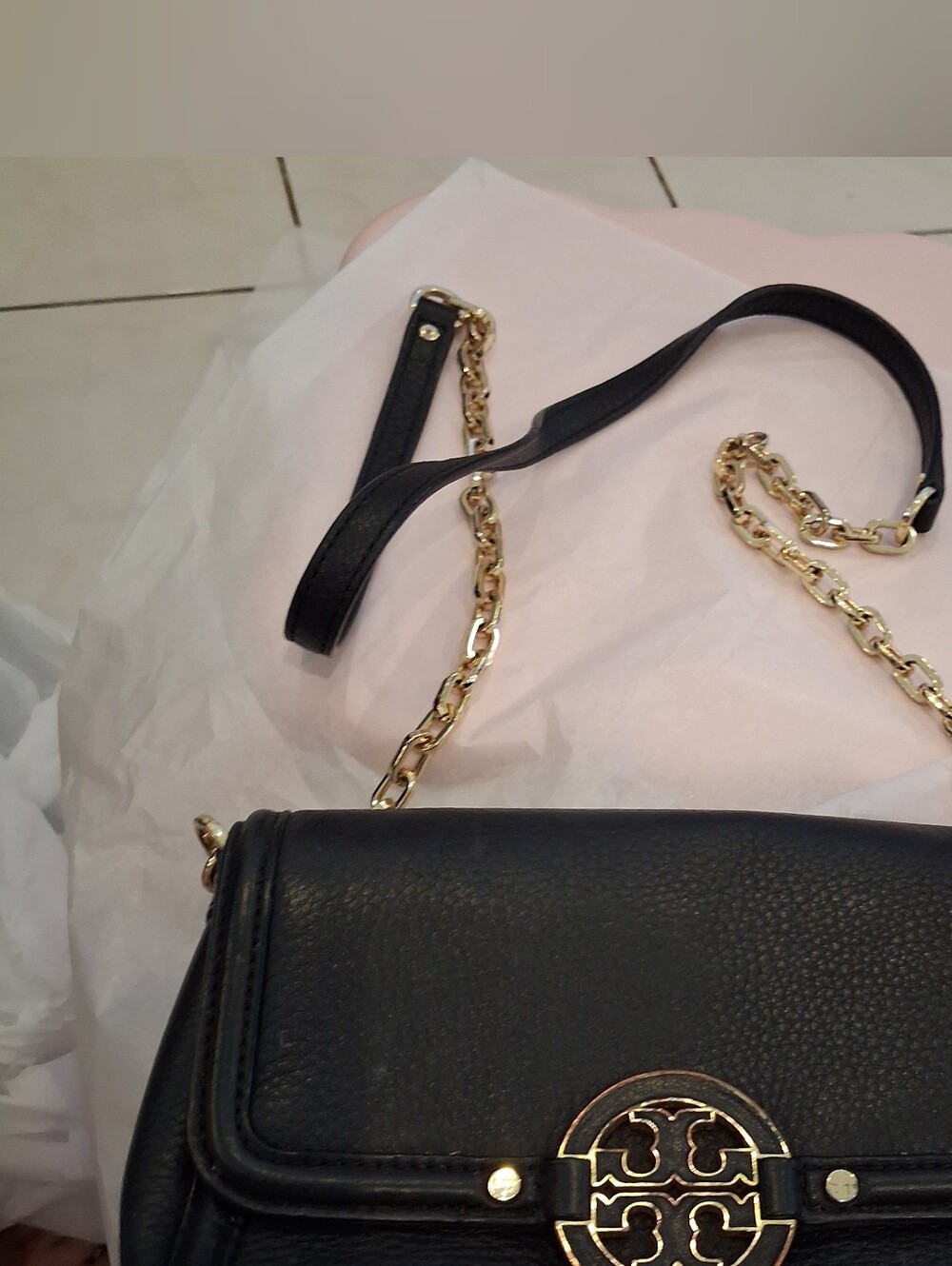 Black Leather Crossbody Bag with Gold Chain Accent
